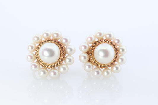 Mikimoto Earrings. 14k Gold Mikimoto Pearl HALO cluster Clip Ons. Unpierced