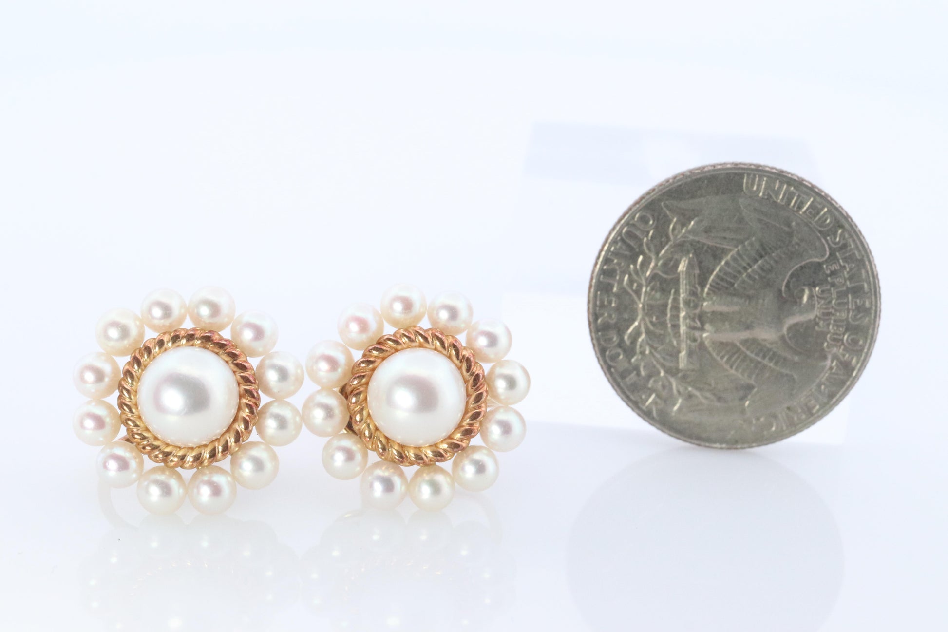 Mikimoto Earrings. 14k Gold Mikimoto Pearl HALO cluster Clip Ons. Unpierced
