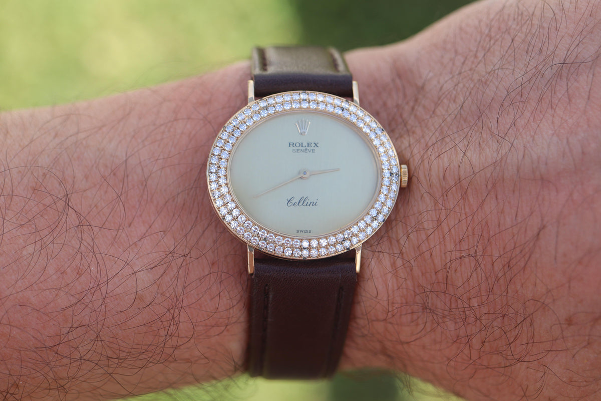 Genuine 18k Rolex Watch. 18k YG Rolex CELLINI 4083 Diamond Bezel.