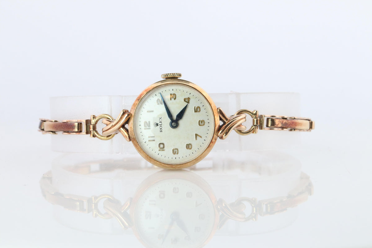 Vintage Rolex Womens Cocktail Watch. 9k Rose Gold Manual Windup.