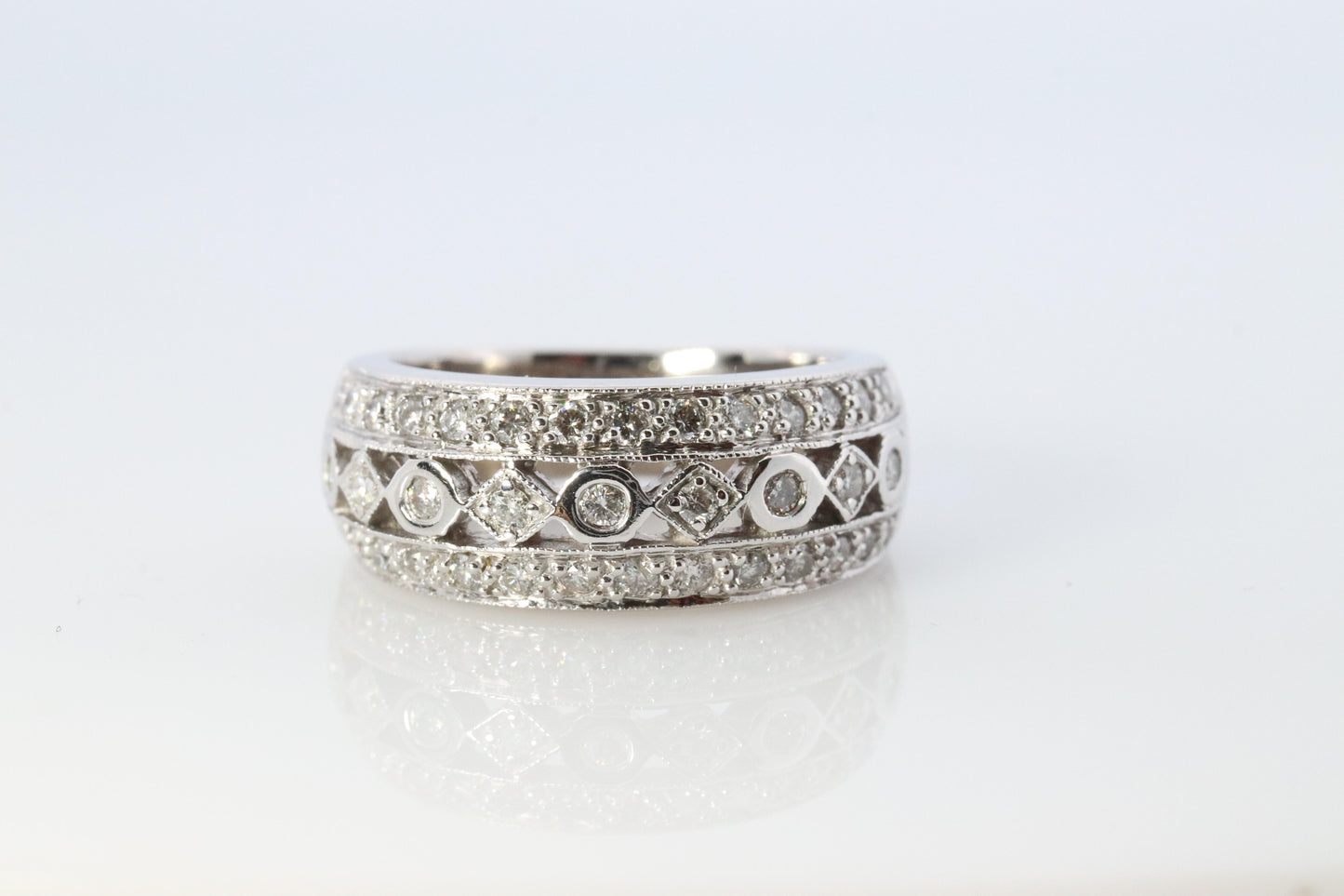 14k Diamond Dome band. Diamond Filigree Intricate Detail Open Cluster ring.