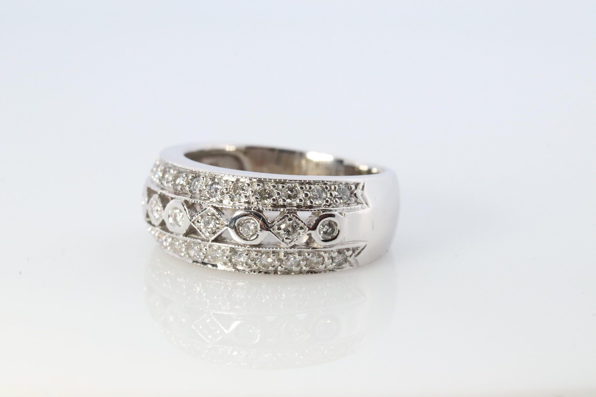 14k Diamond Dome band. Diamond Filigree Intricate Detail Open Cluster ring.