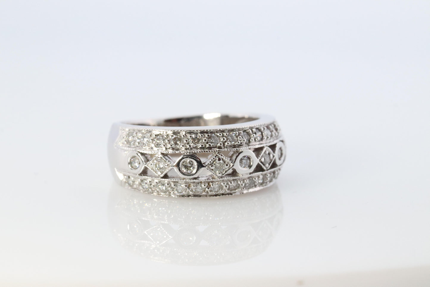 14k Diamond Dome band. Diamond Filigree Intricate Detail Open Cluster ring.