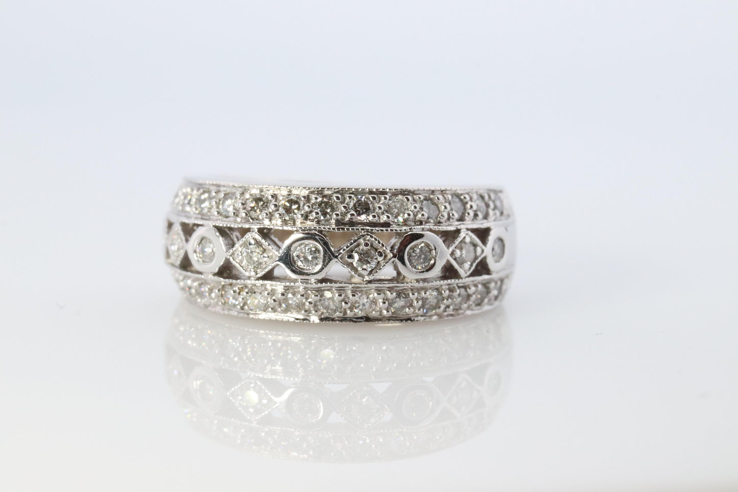 14k Diamond Dome band. Diamond Filigree Intricate Detail Open Cluster ring.