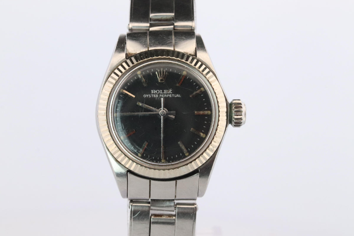 Genuine Rolex Watch. 14k SS Ladies ROLEX 6619 Black Dial Automatic Wristwatch.