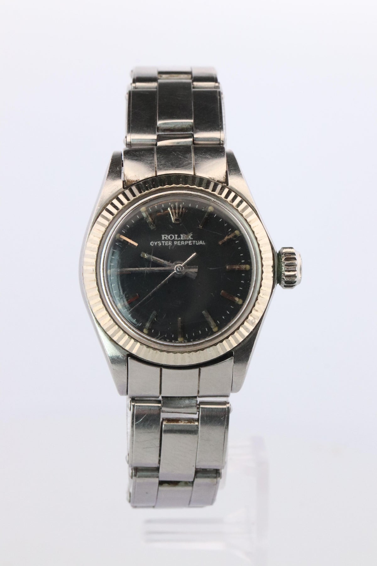 Genuine Rolex Watch. 14k SS Ladies ROLEX 6619 Black Dial Automatic Wristwatch.
