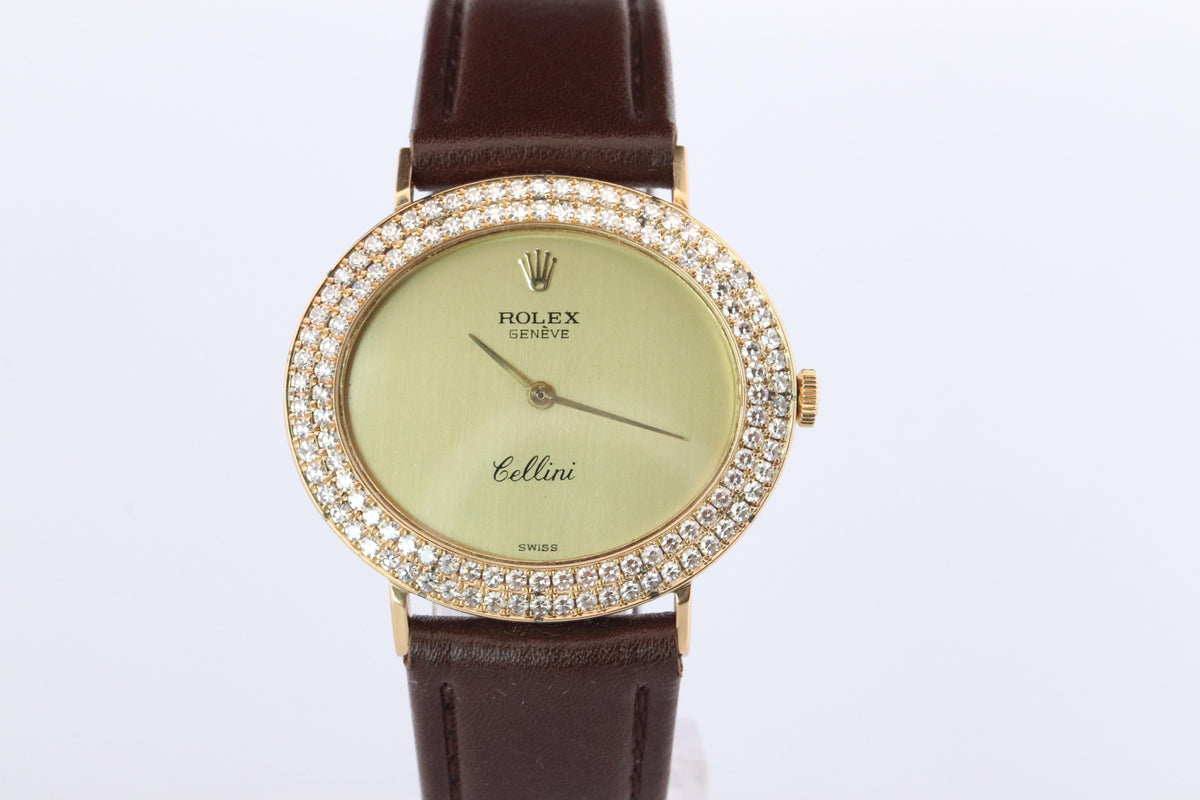 Genuine 18k Rolex Watch. 18k YG Rolex CELLINI 4083 Diamond Bezel.