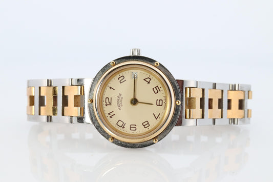 Genuine HERMES Stainless Steel 24mm Round Clipper Quartz Watch Champagne.