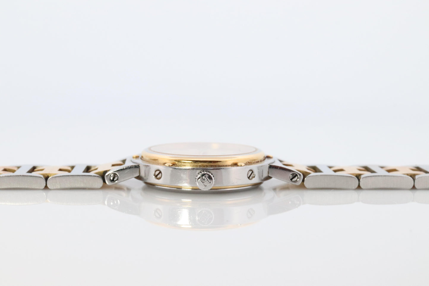 Genuine HERMES Stainless Steel 24mm Round Clipper Quartz Watch Champagne.