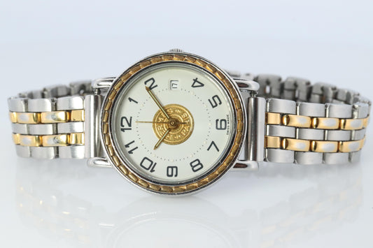 Genuine HERMES Stainless Steel 24mm Round Sellier Quartz Watch White Dial.