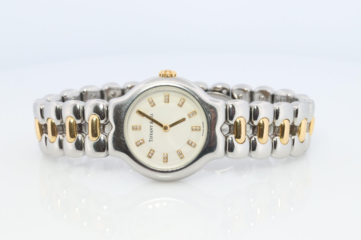 Tiffany and Co Diamond Watch. 18k Tiffany Tesoro Stainless Steel Ladies 25mm.