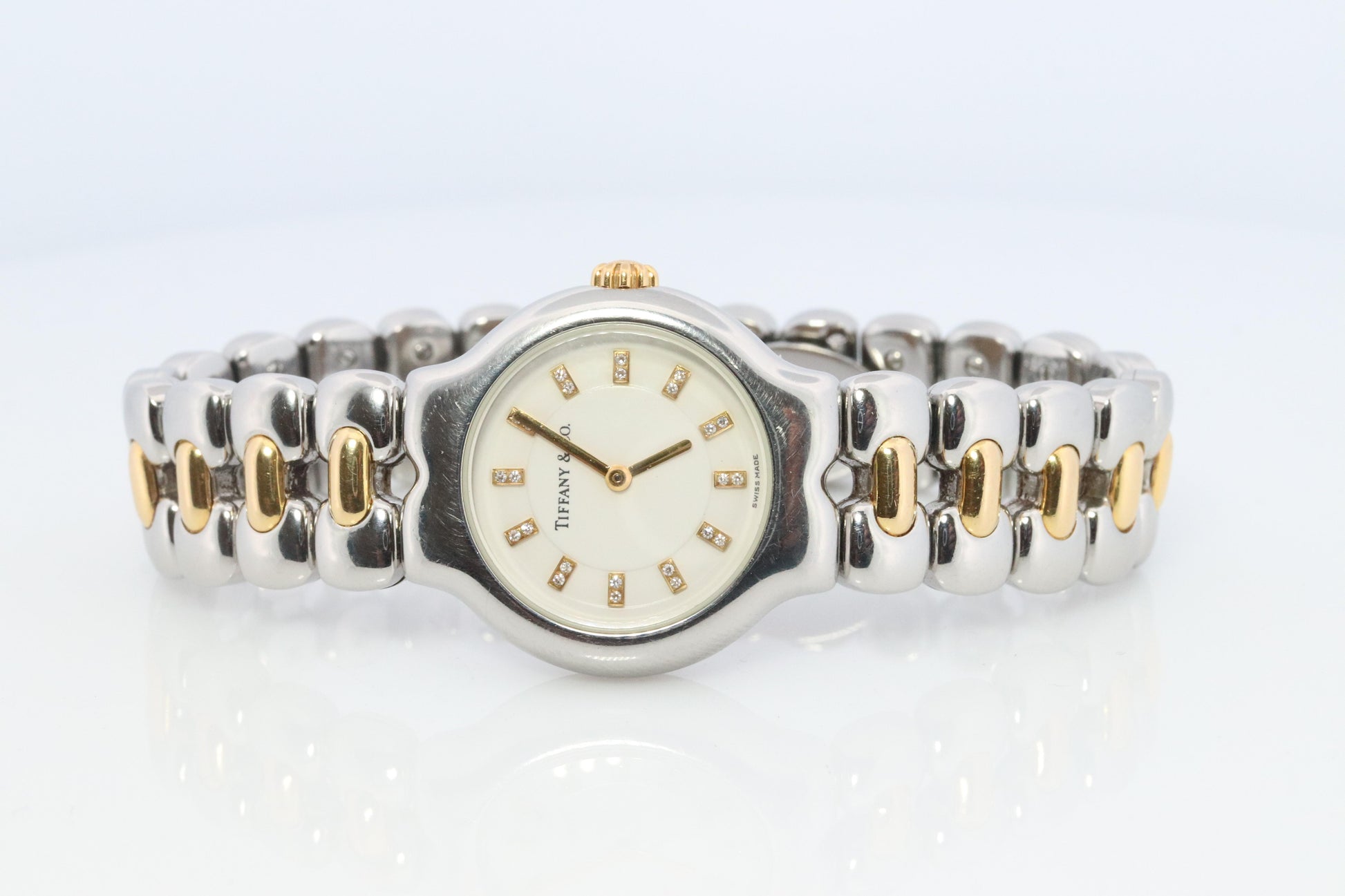 Tiffany and Co Diamond Watch. 18k Tiffany Tesoro Stainless Steel Ladies 25mm.