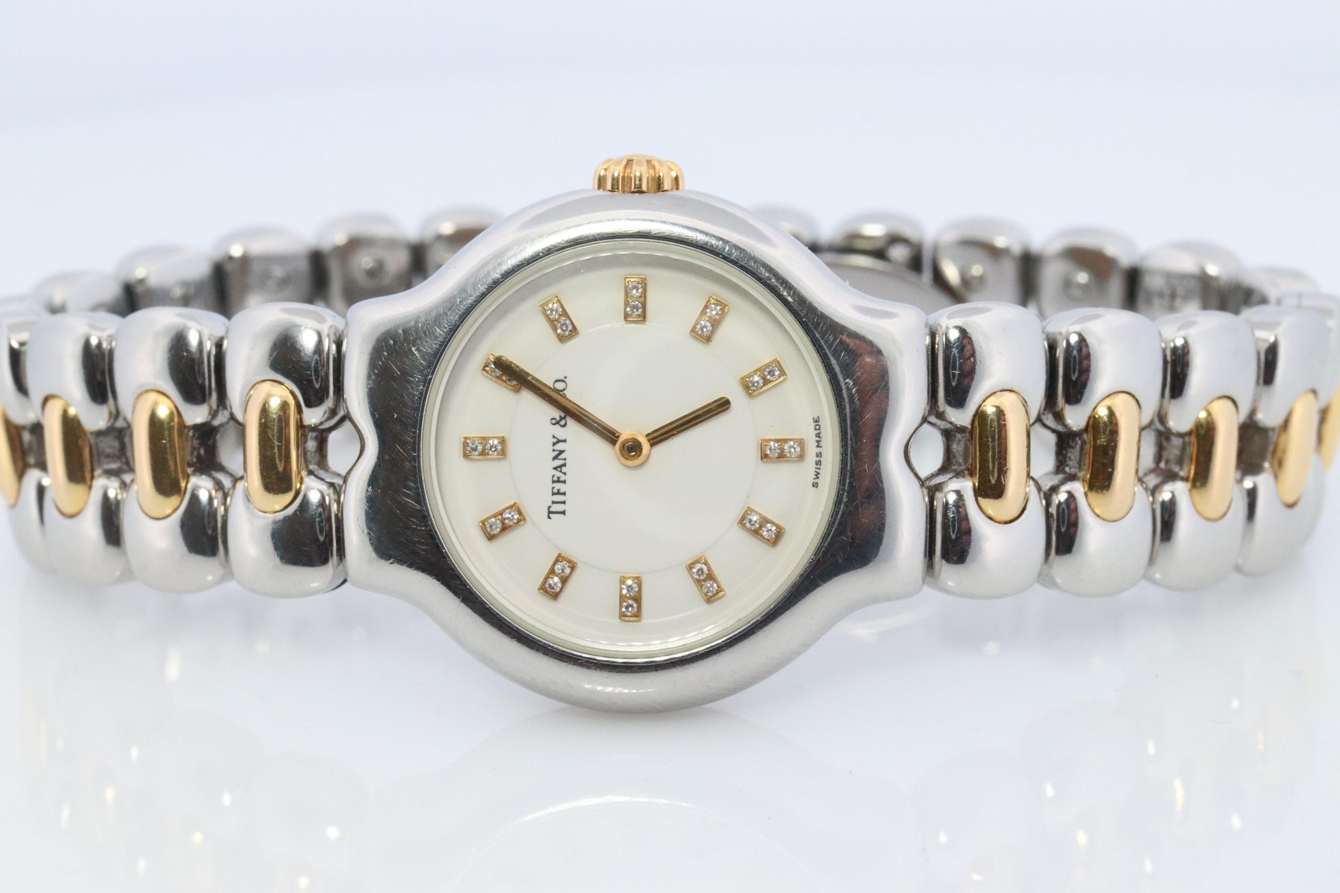 Tiffany and Co Diamond Watch. 18k Tiffany Tesoro Stainless Steel Ladies 25mm.
