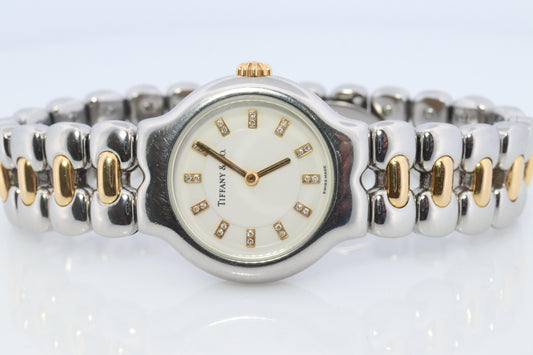 Tiffany and Co Diamond Watch. 18k Tiffany Tesoro Stainless Steel Ladies 25mm.