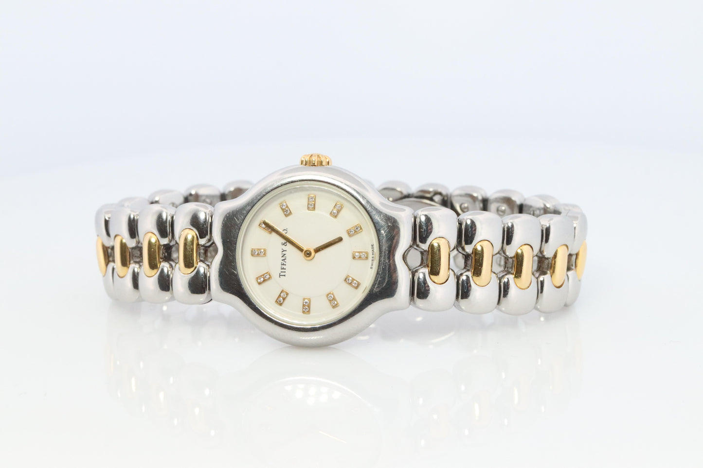 Tiffany and Co Diamond Watch. 18k Tiffany Tesoro Stainless Steel Ladies 25mm.