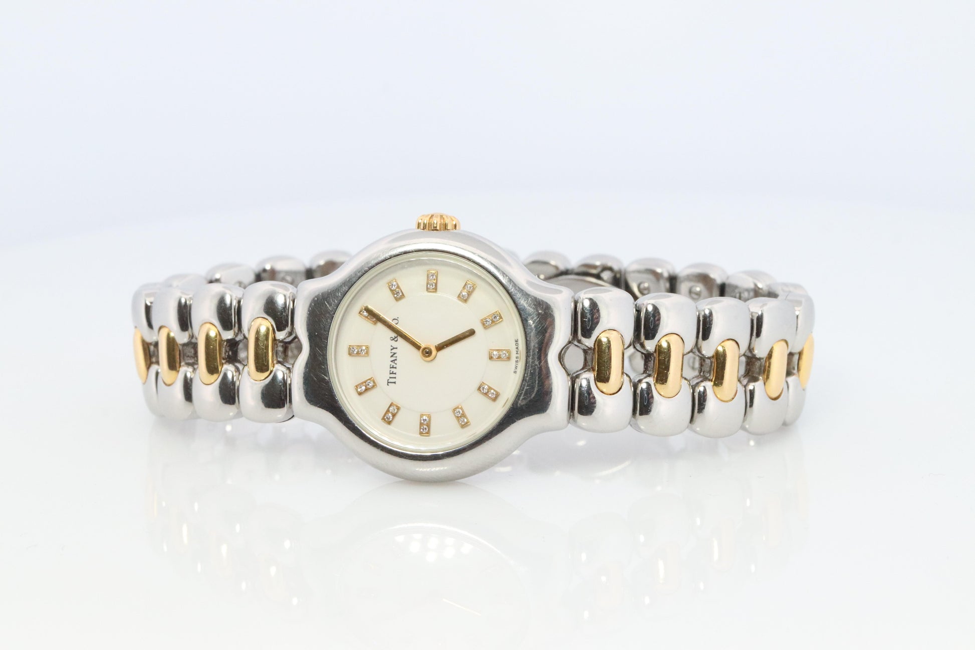 Tiffany and Co Diamond Watch. 18k Tiffany Tesoro Stainless Steel Ladies 25mm.