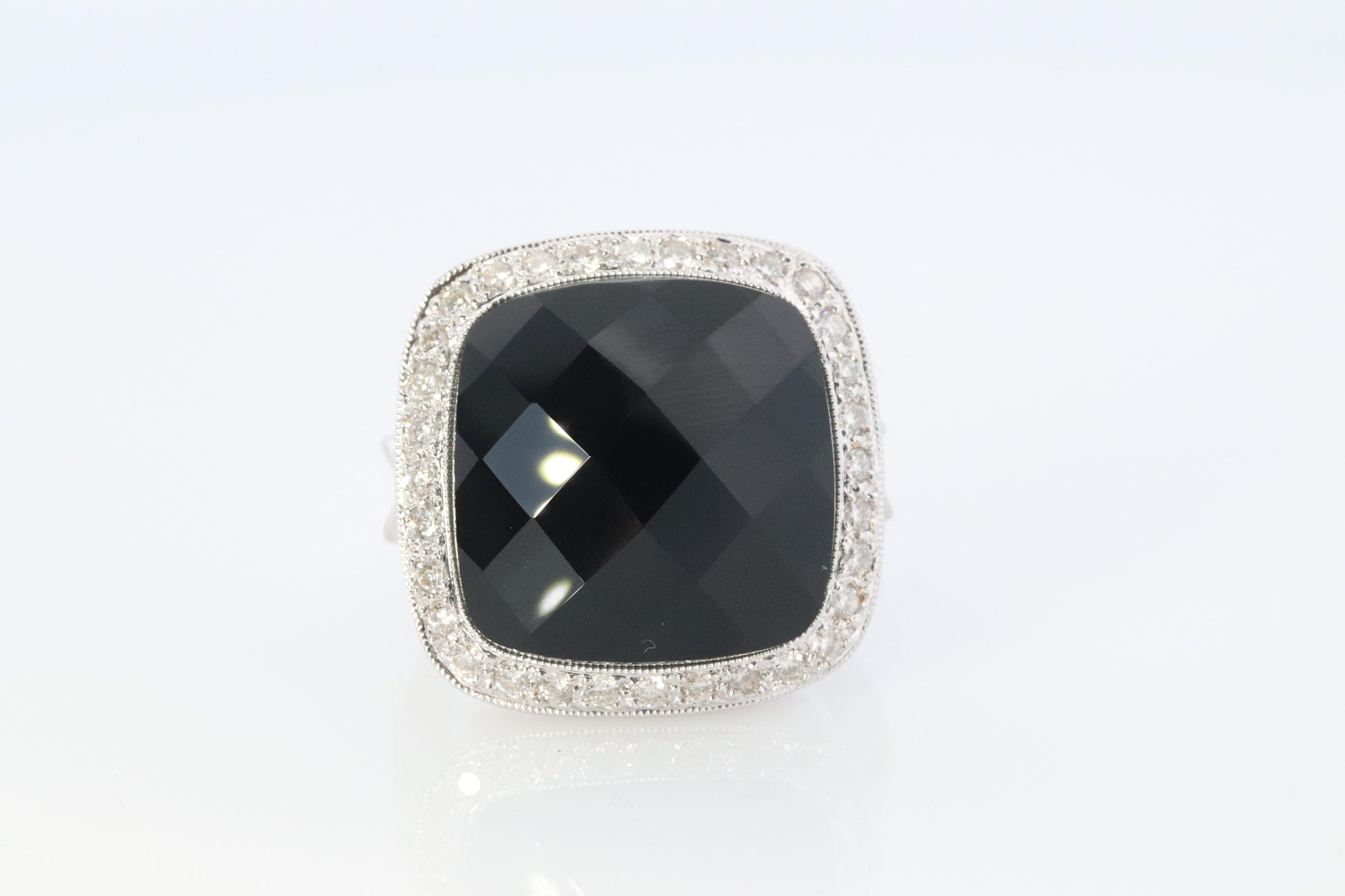 18k Gold ONYX Diamond Halo ring. Checkered French Cut Onyx Dome Halo Ring