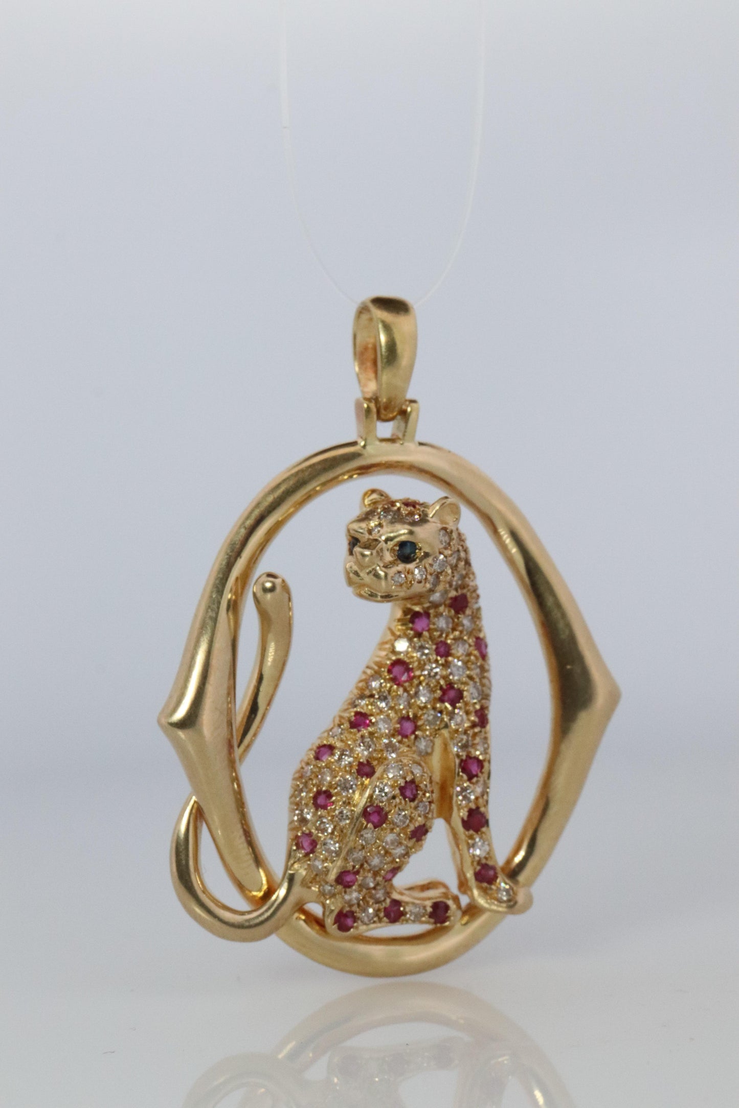 18k Panther Leopard Jaguar Cheetah Ruby Pendant. Encrusted Rubies and Diamonds.