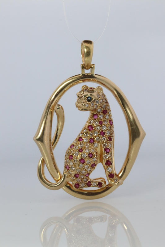 18k Panther Leopard Jaguar Cheetah Ruby Pendant. Encrusted Rubies and Diamonds.