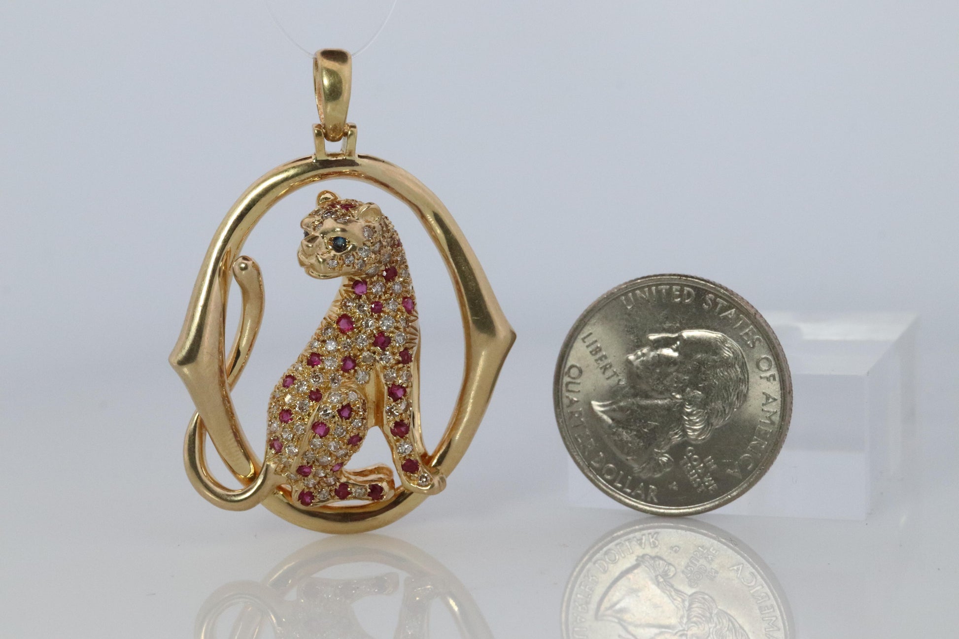 18k Panther Leopard Jaguar Cheetah Ruby Pendant. Encrusted Rubies and Diamonds.