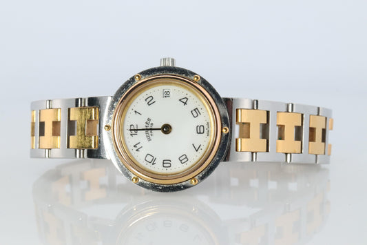 Genuine HERMES Stainless Steel 24mm Round Clipper Quartz Watch White Dial.
