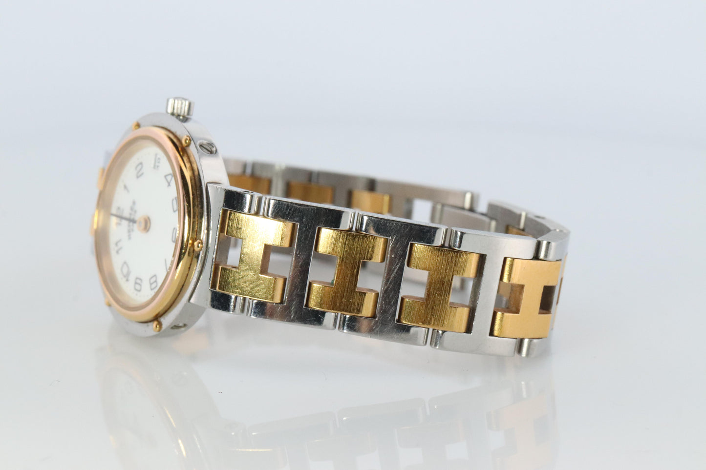 Genuine HERMES Stainless Steel 24mm Round Clipper Quartz Watch White Dial.