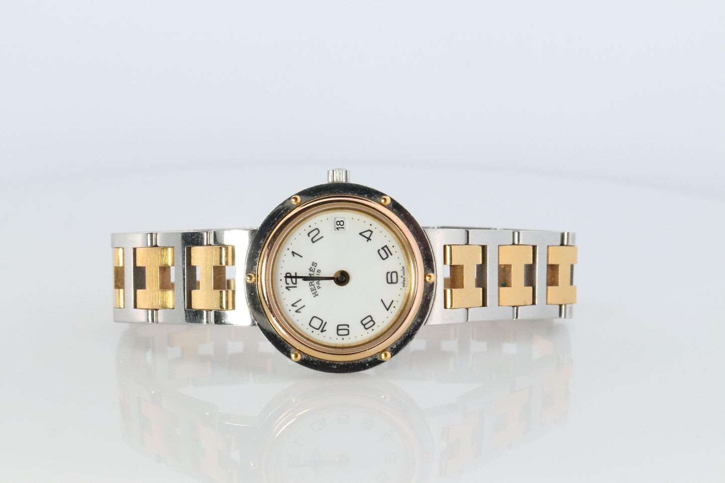 Genuine HERMES Stainless Steel 24mm Round Clipper Quartz Watch White Dial.