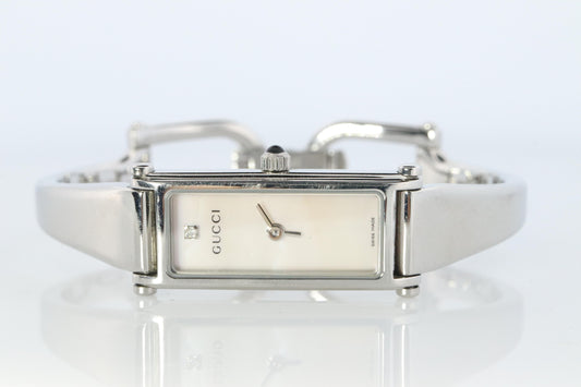 Vintage GUCCI 1500L Quartz Wrist Watch. Gucci Silver MOP Diamond Bangle Watch