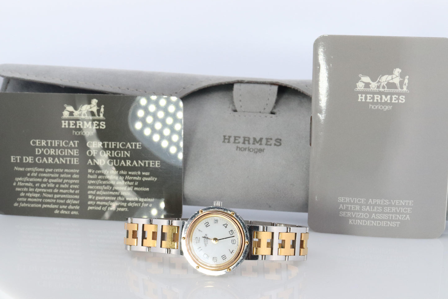 Genuine HERMES Stainless Steel 24mm Round Clipper Quartz Watch White Dial.