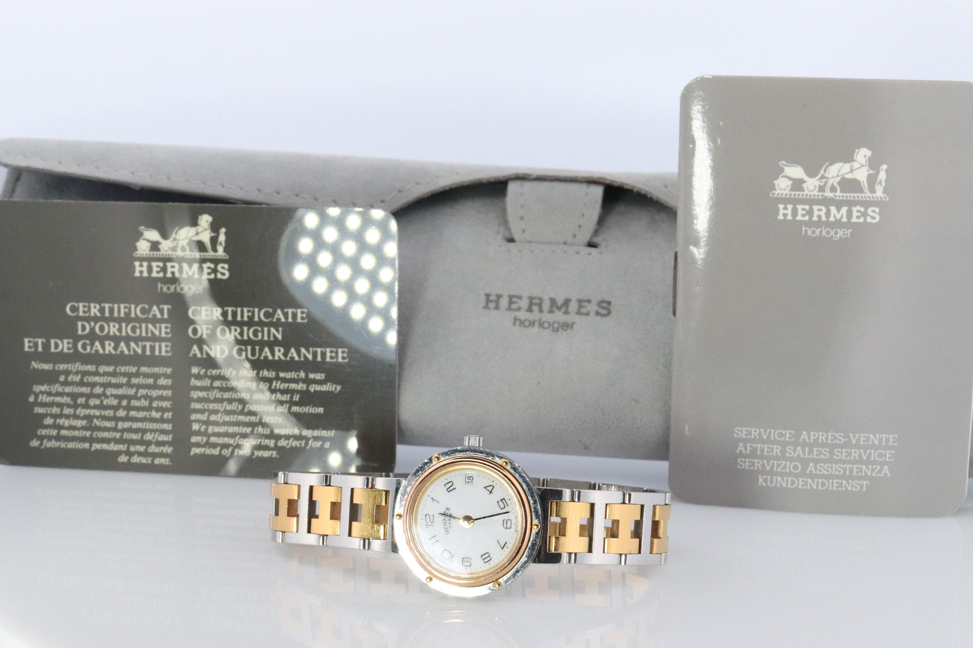 Genuine HERMES Stainless Steel 24mm Round Clipper Quartz Watch White Dial.