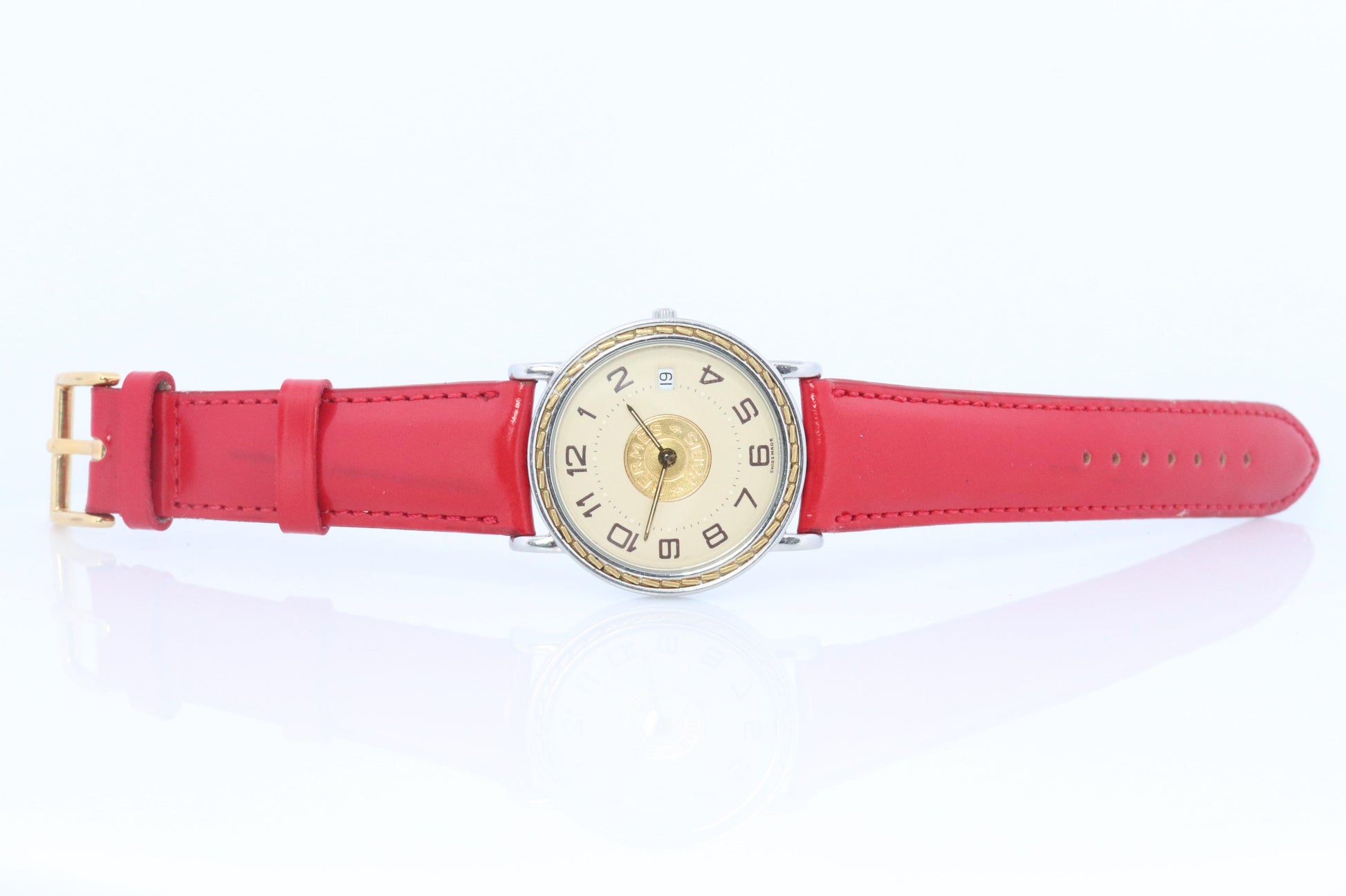 Genuine HERMES Sellier 32mm Round SS and 18k Quartz Watch White Dial.