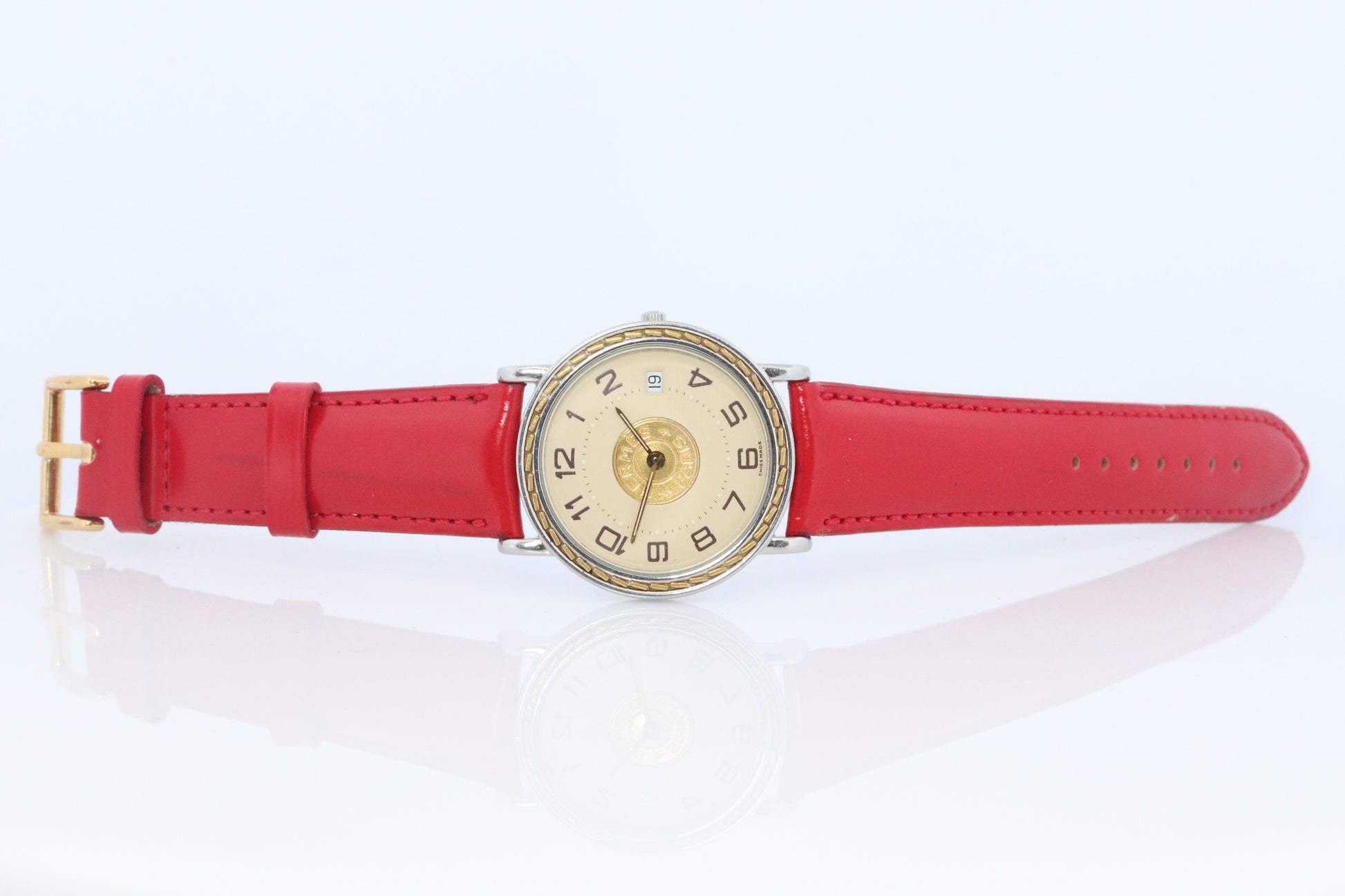 Genuine HERMES Sellier 32mm Round SS and 18k Quartz Watch White Dial.