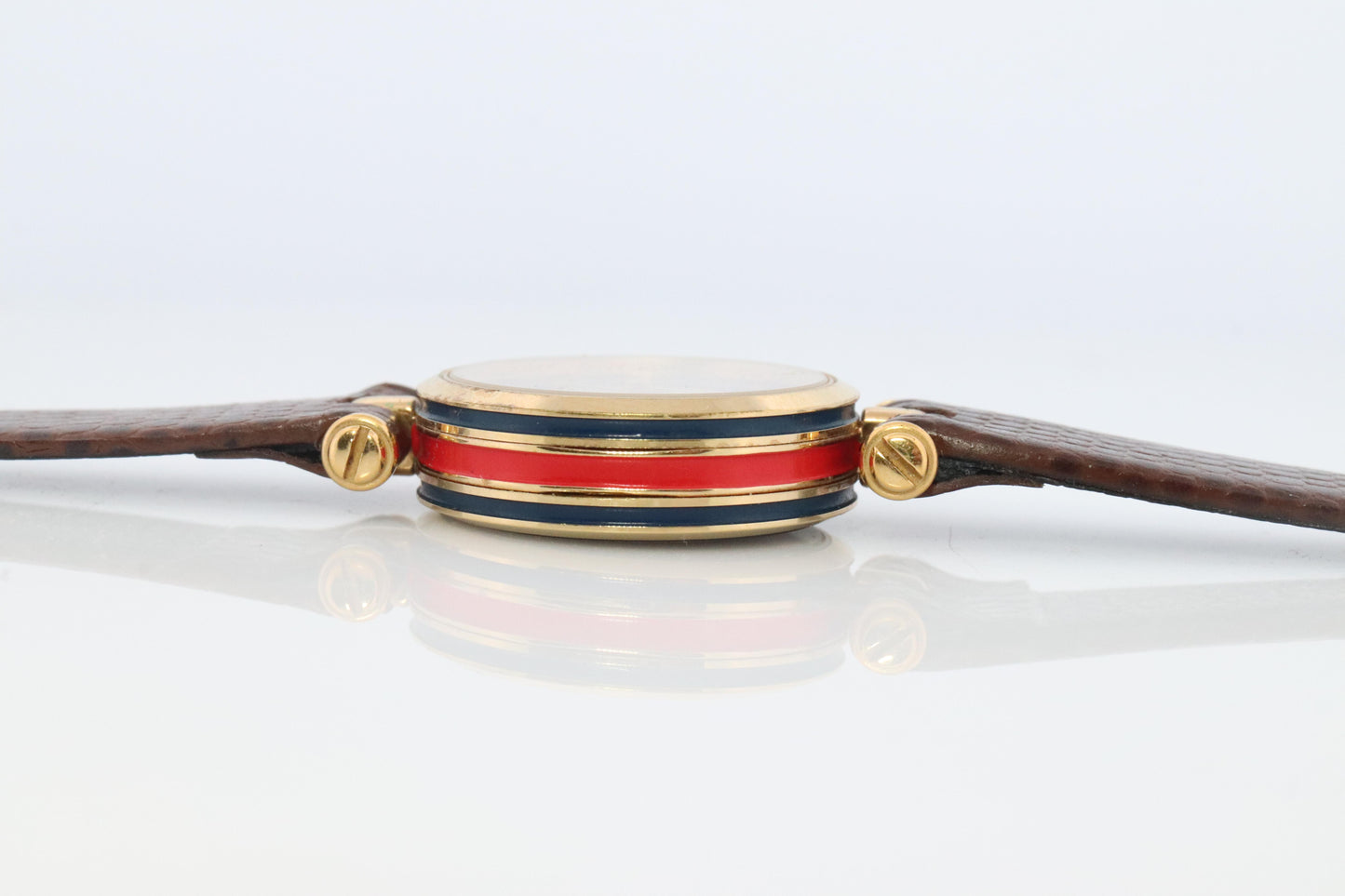 Vintage GUCCI Shelly Line Leather Watch Timepiece. 2000L Gucci Lane Blue and Red