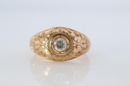 18k Round Genuine Diamond Solitaire Ring. Ornate Engraved Bezel Gypsy Shank.