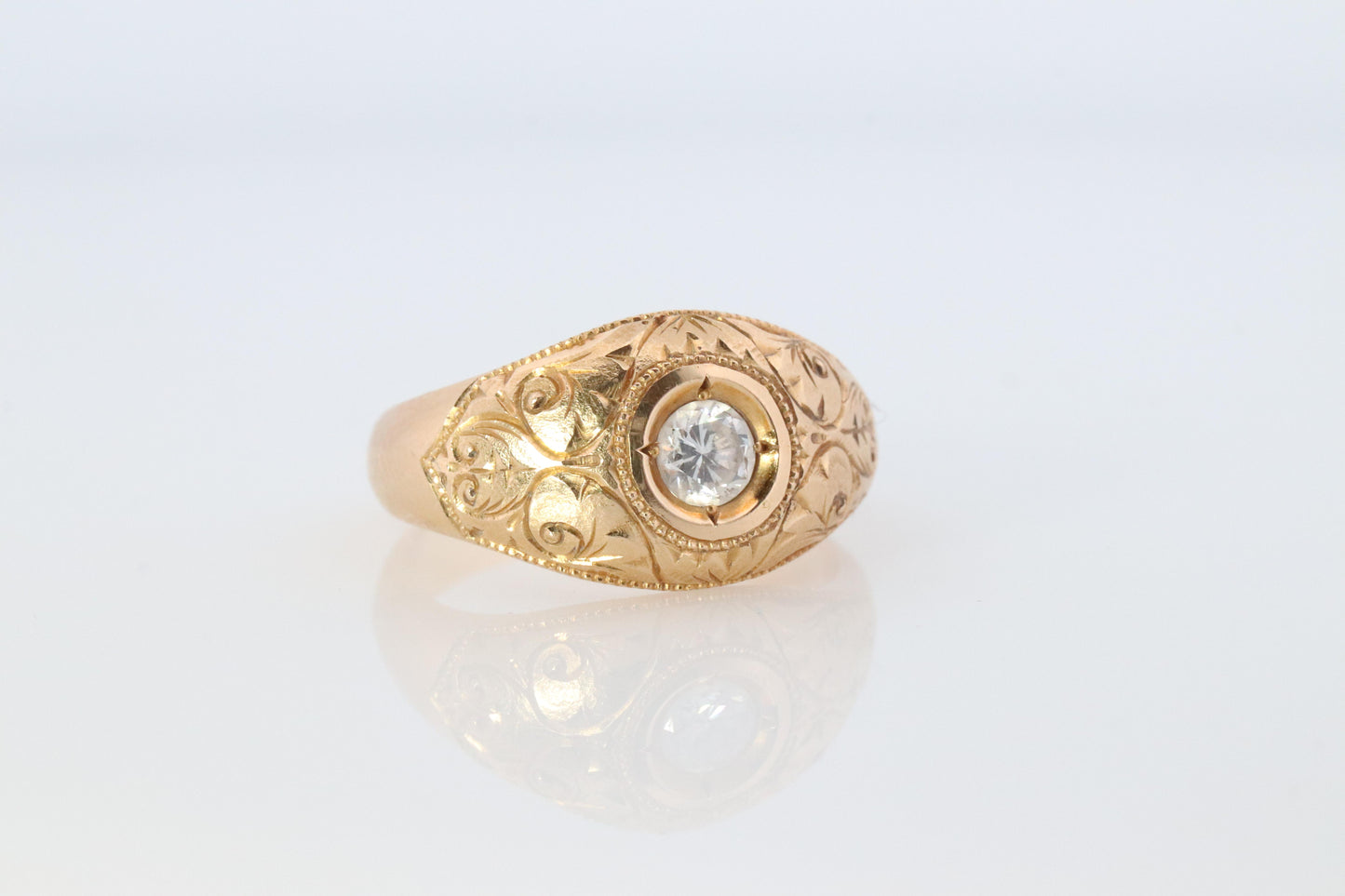 18k Round Genuine Diamond Solitaire Ring. Ornate Engraved Bezel Gypsy Shank.