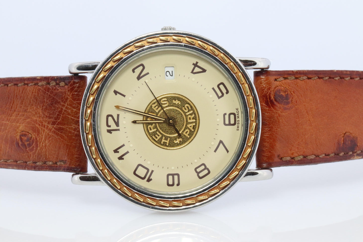 Genuine HERMES Sellier 34mm Round SS and 18k Quartz Hermes SE3.720 Mens Watch