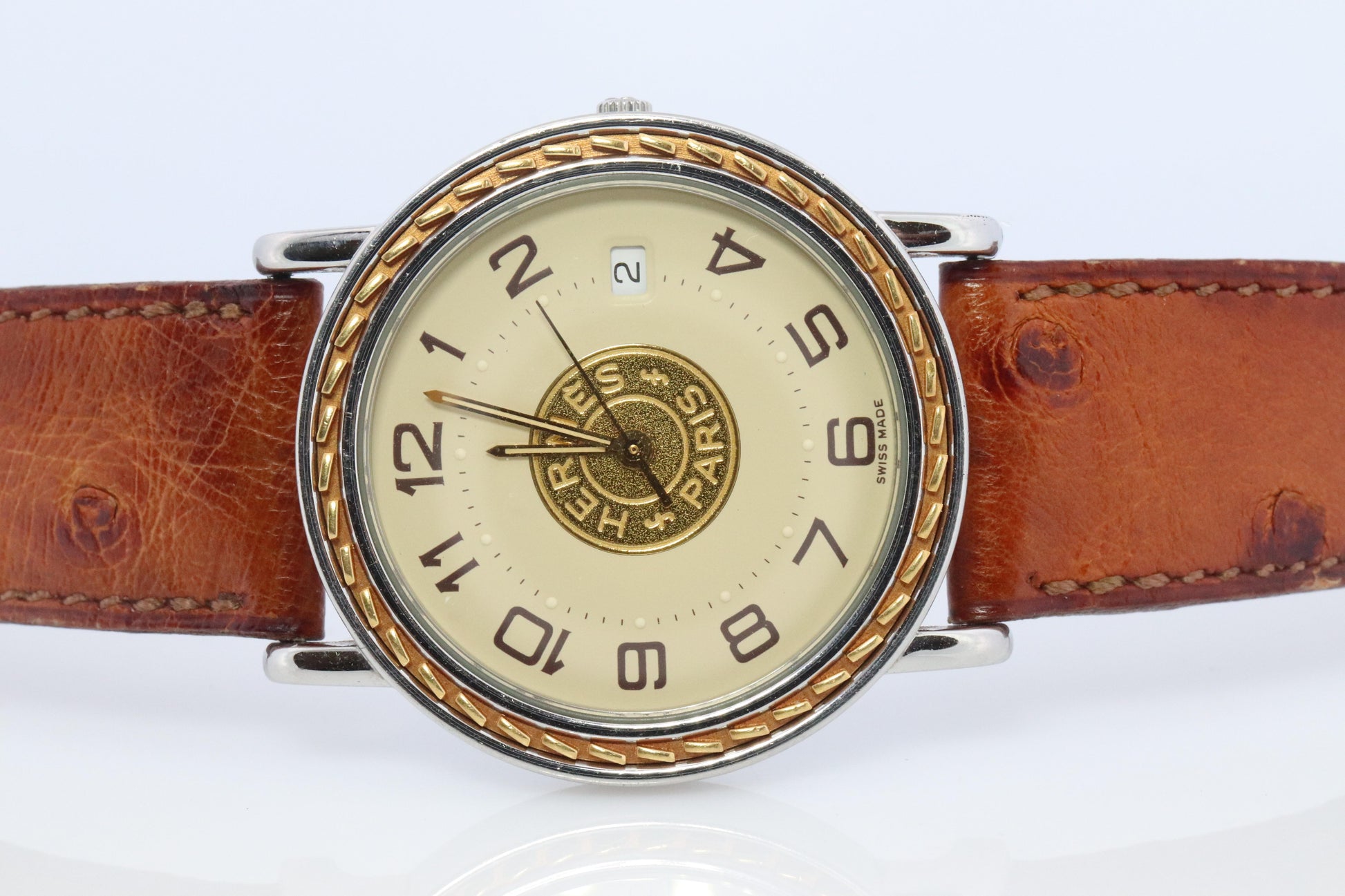 Genuine HERMES Sellier 34mm Round SS and 18k Quartz Hermes SE3.720 Mens Watch