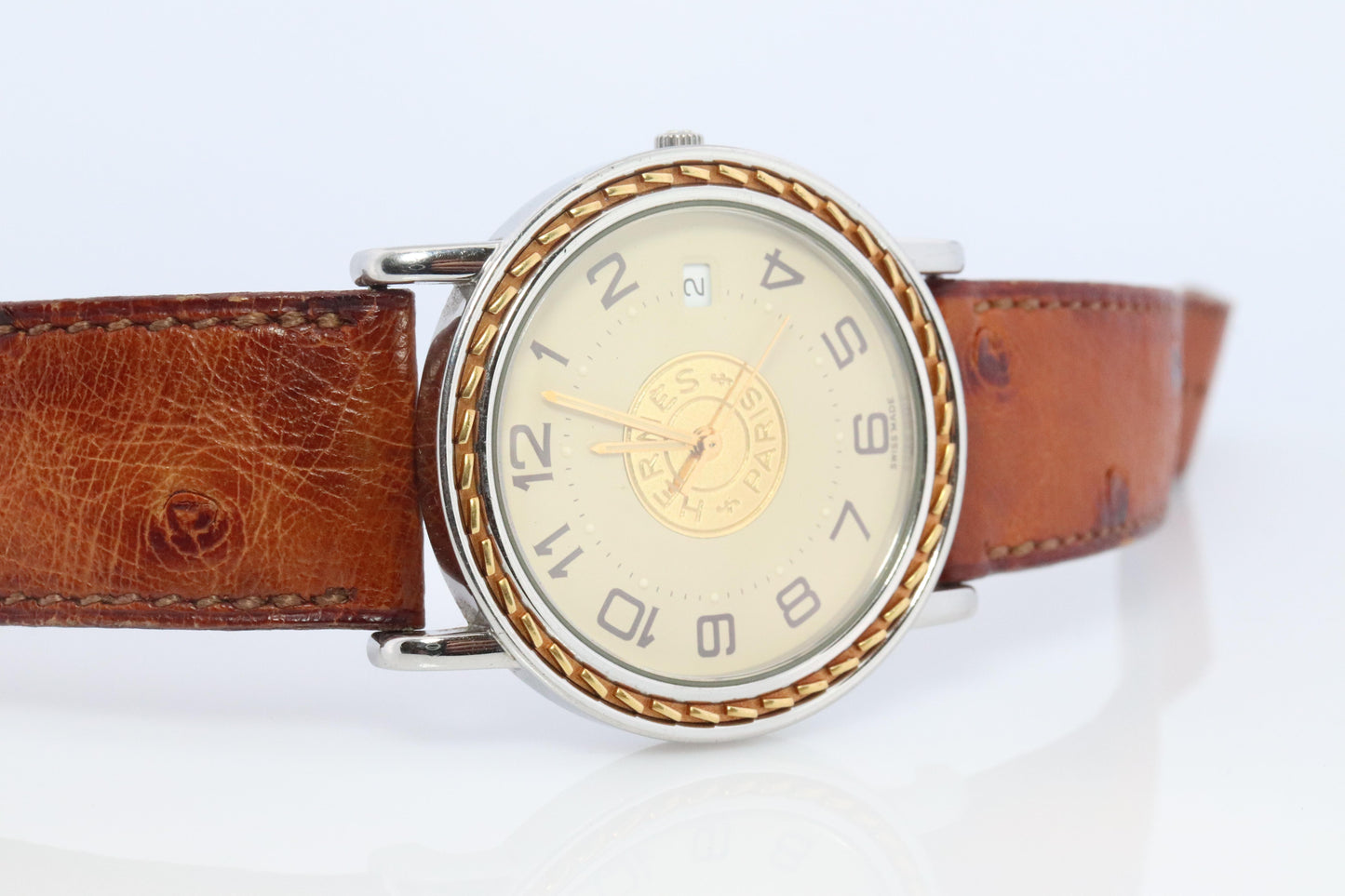 Genuine HERMES Sellier 34mm Round SS and 18k Quartz Hermes SE3.720 Mens Watch