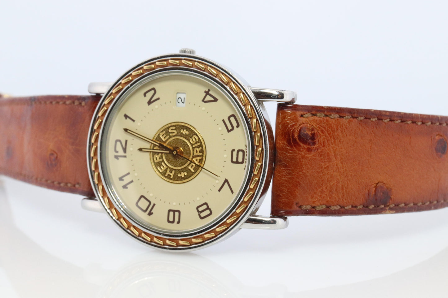 Genuine HERMES Sellier 34mm Round SS and 18k Quartz Hermes SE3.720 Mens Watch