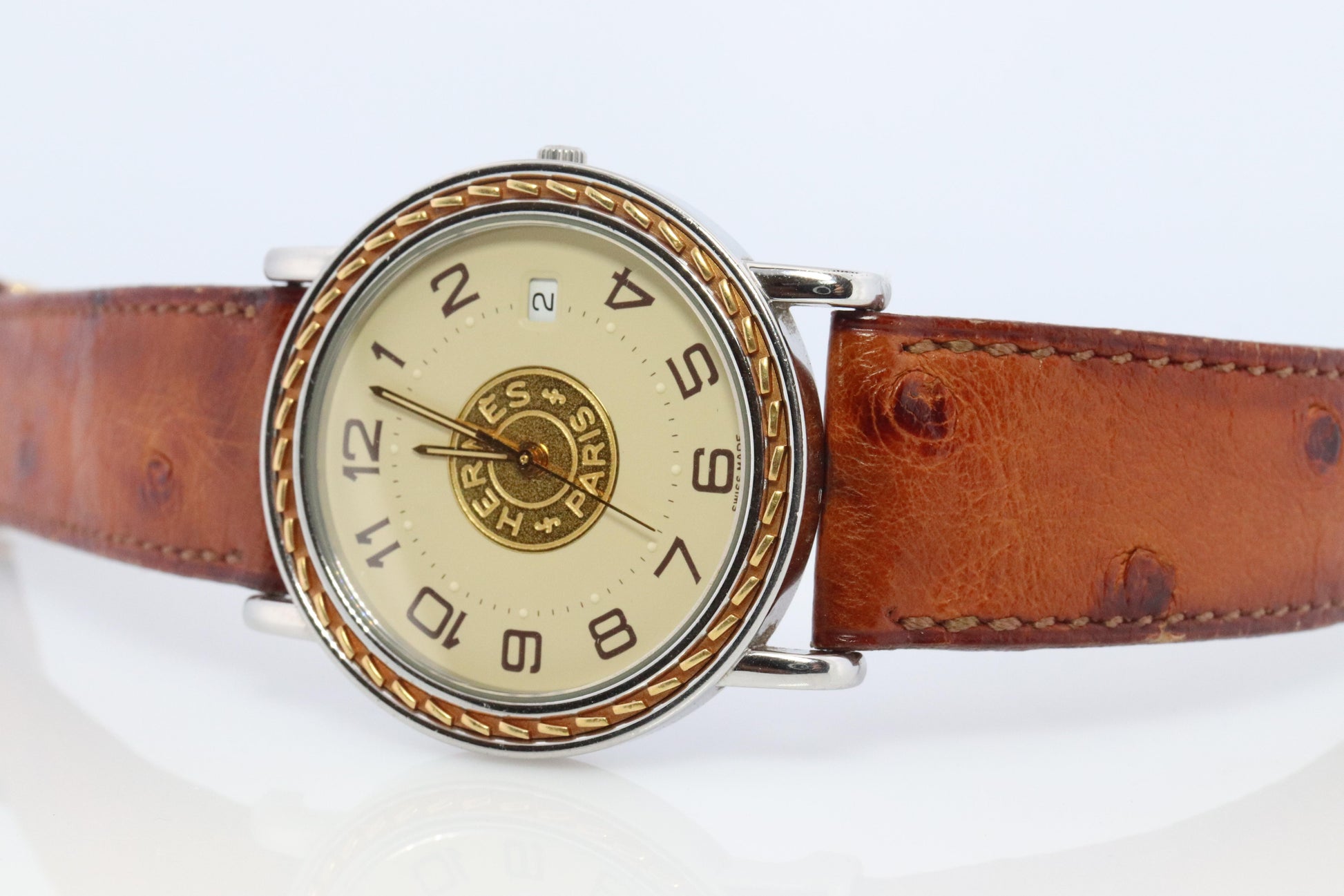 Genuine HERMES Sellier 34mm Round SS and 18k Quartz Hermes SE3.720 Mens Watch