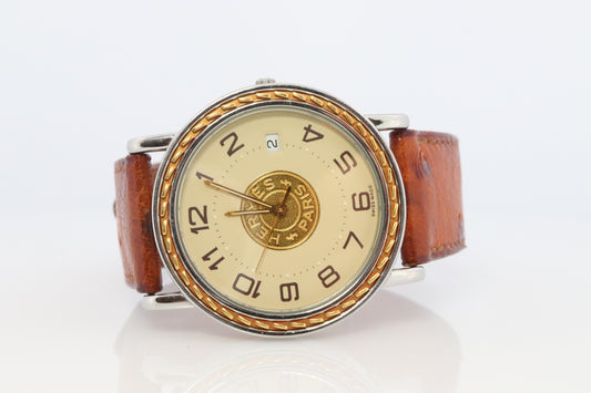 Genuine HERMES Sellier 34mm Round SS and 18k Quartz Hermes SE3.720 Mens Watch