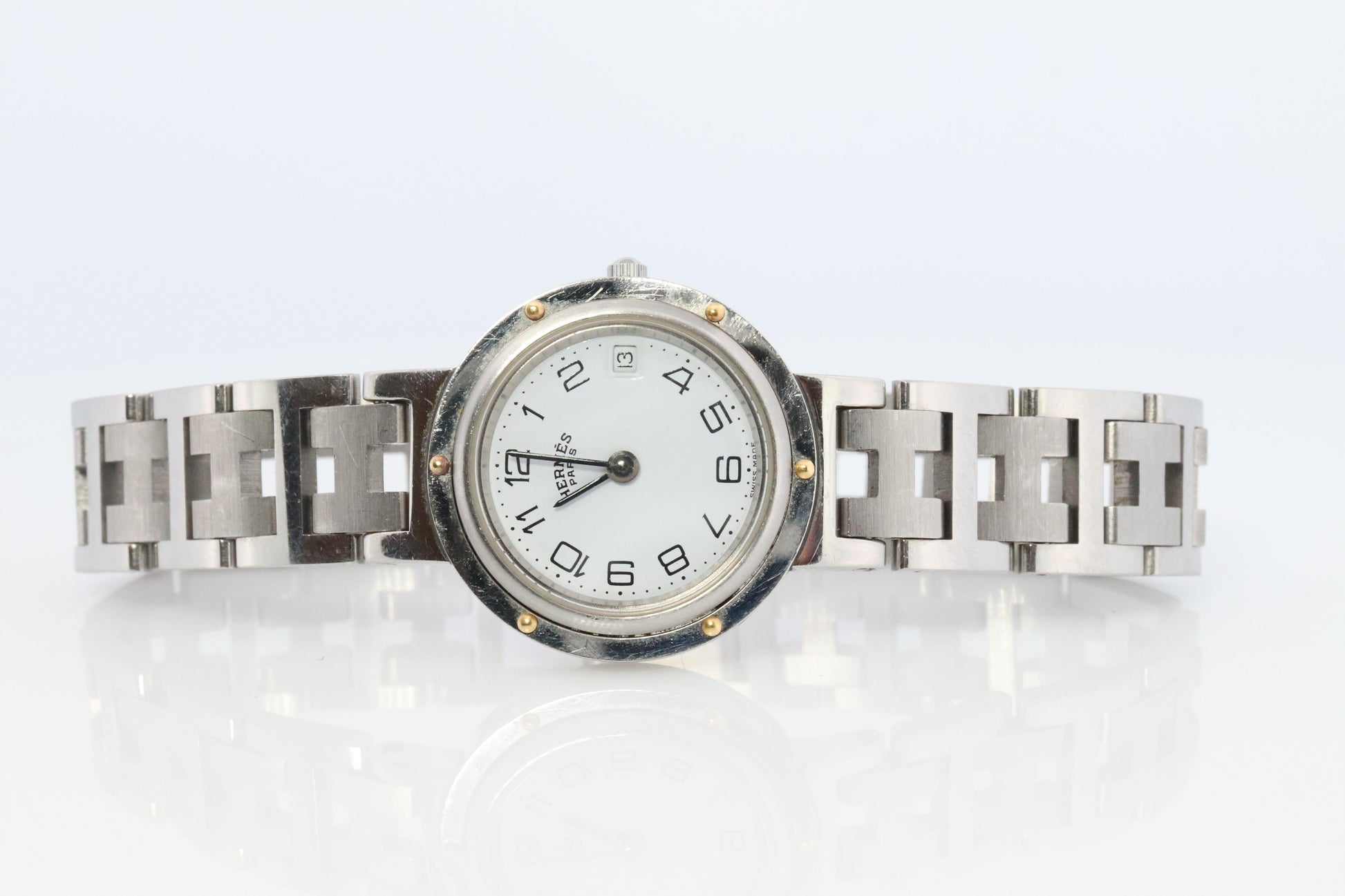 Genuine HERMES Stainless Steel 24mm Round Clipper Quartz Watch White.