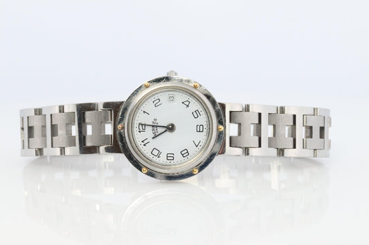 Genuine HERMES Stainless Steel 24mm Round Clipper Quartz Watch White.