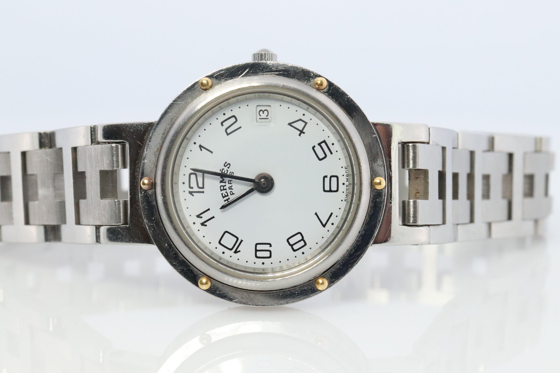 Genuine HERMES Stainless Steel 24mm Round Clipper Quartz Watch White.