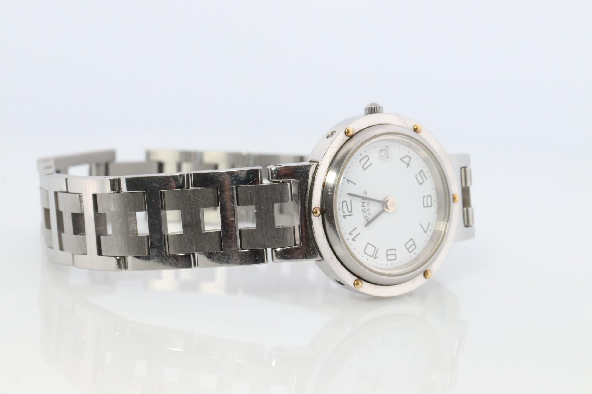 Genuine HERMES Stainless Steel 24mm Round Clipper Quartz Watch White.