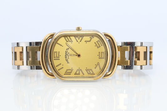 Genuine HERMES RALLYE XL Stainless Steel 25mm RA1.240 Quartz Watch Champagne.