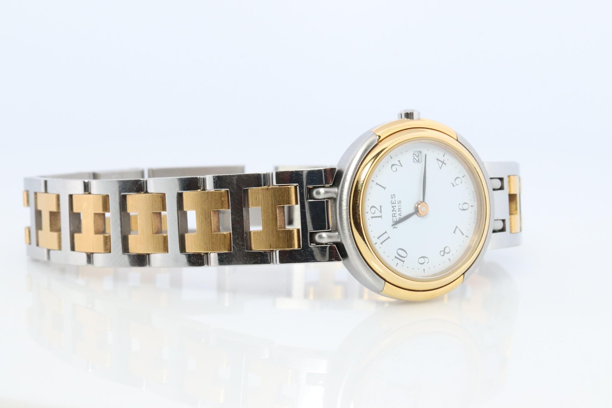 Genuine HERMES Windsor SS 24mm Round Quartz Watch White Dial