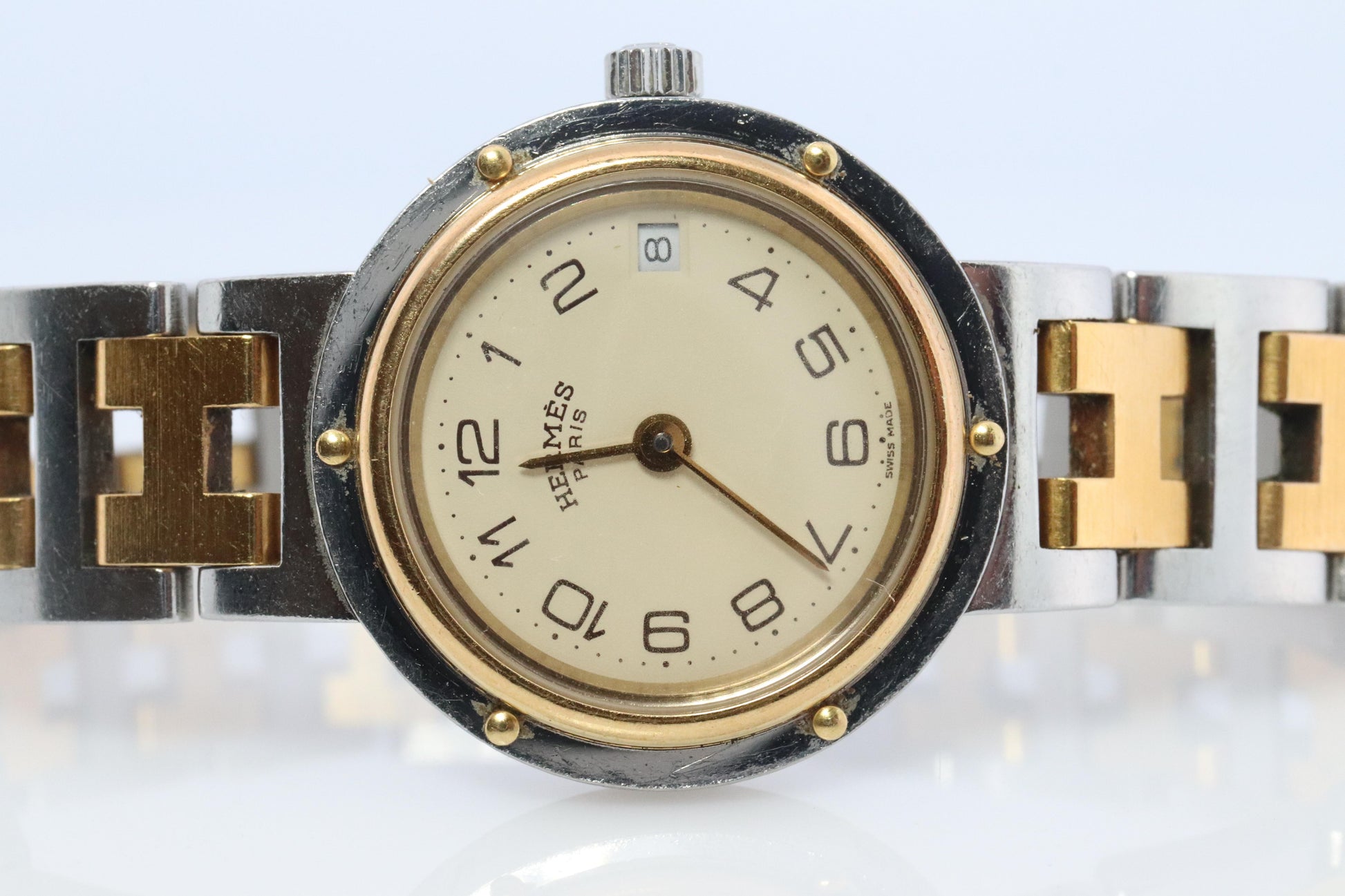 Genuine HERMES Stainless Steel 24mm Round Clipper Quartz Watch Champagne.