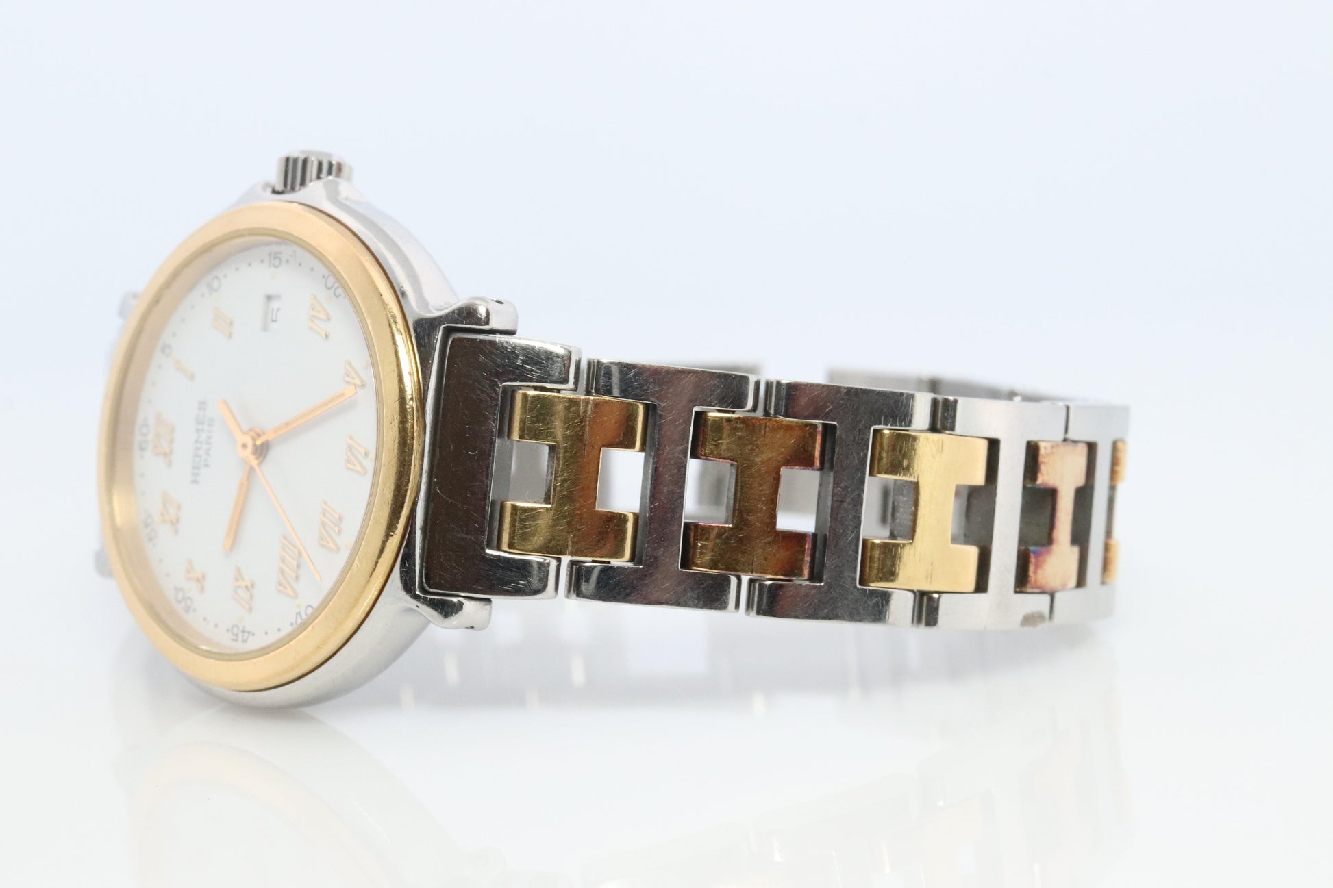 Genuine HERMES METEORE SS 28mm Round Quartz Watch White Dial