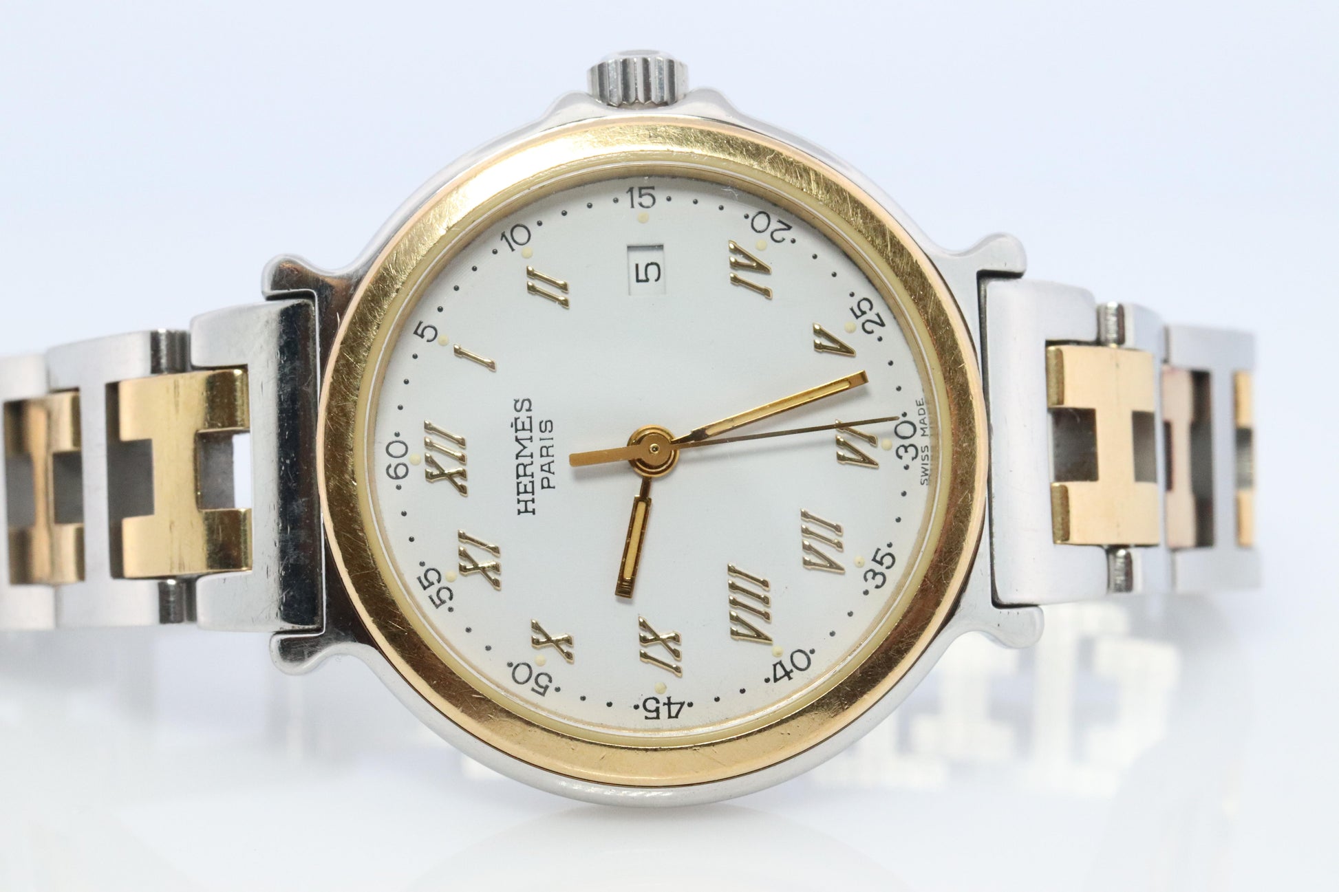 Genuine HERMES METEORE SS 28mm Round Quartz Watch White Dial
